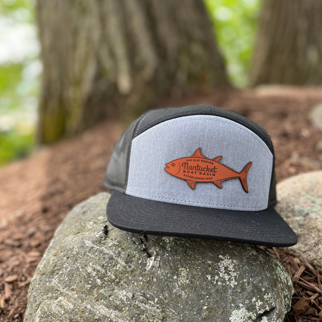 cane pole fishing resting tree bank hat Nantucket Boat Basin Tuna Leather 7 Panel Trucker – Nantucket Boat Basin Authentic Shop